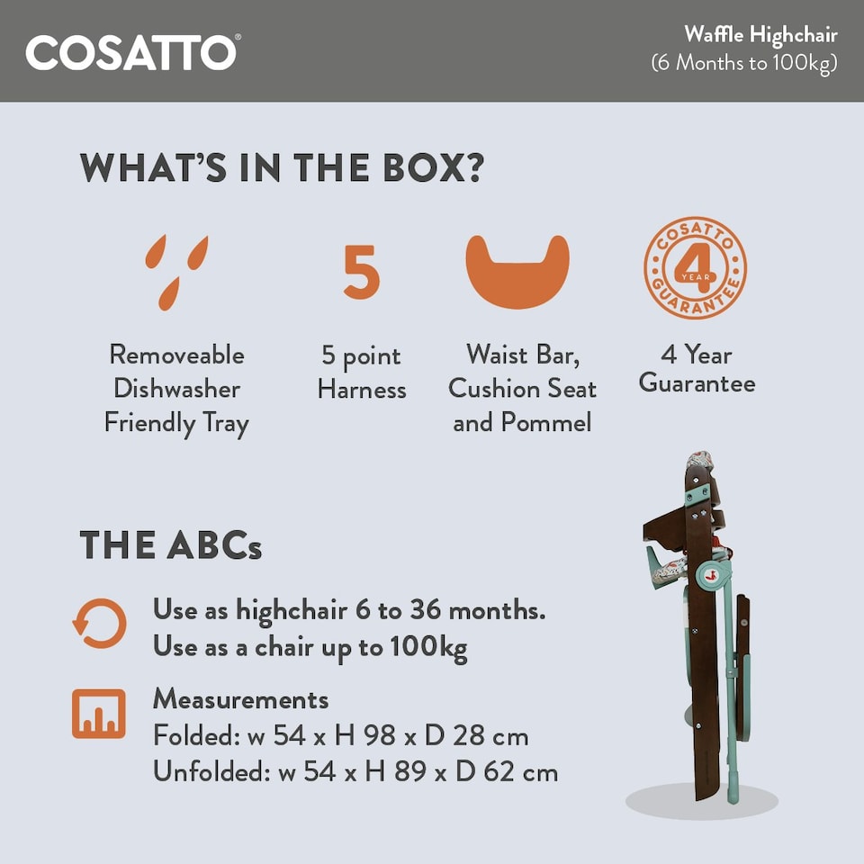 image 1 of Cosatto Waffle Wooden Highchair, 6 Months to 100kg, Compact Fold, Freestanding (Old Macdonald)