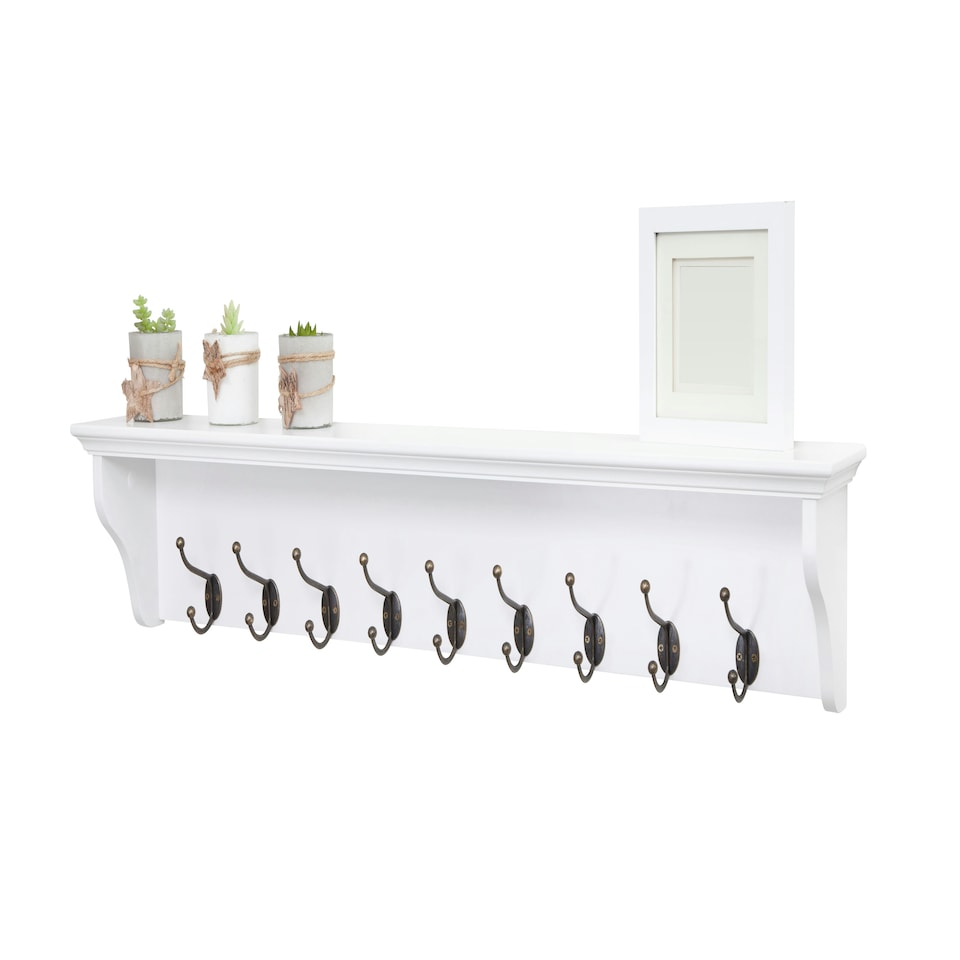 image 1 of Elegant Brands Richmond Wall-Mounted Coat Rack with 9 Hooks and Shelf White | L