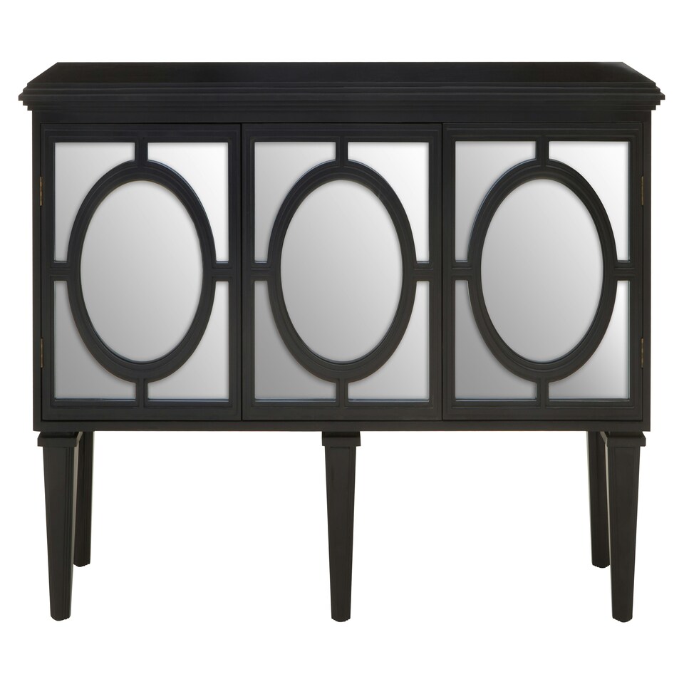 image 1 of Interiors by Premier Black Finish Sideboard, Black Wooden Cabinet Featuring Circular Lattice‑Overlay Convex Mirrors Black
