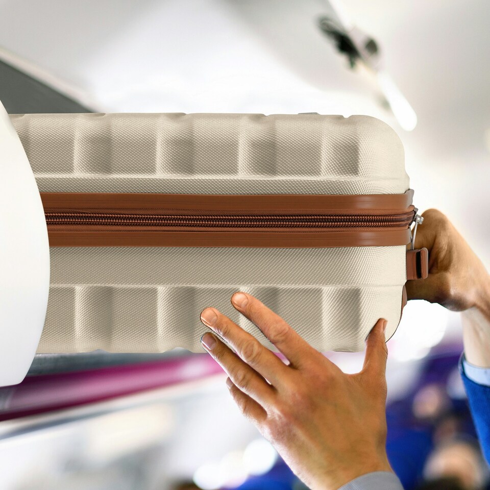 image 1 of 55x40x20cm Ryanair (Priority) TUI, Carry on Cabin Suitcase Hard Shell Approved for 60+ Airlines Cream | Cream/Brown | Cabin Bag