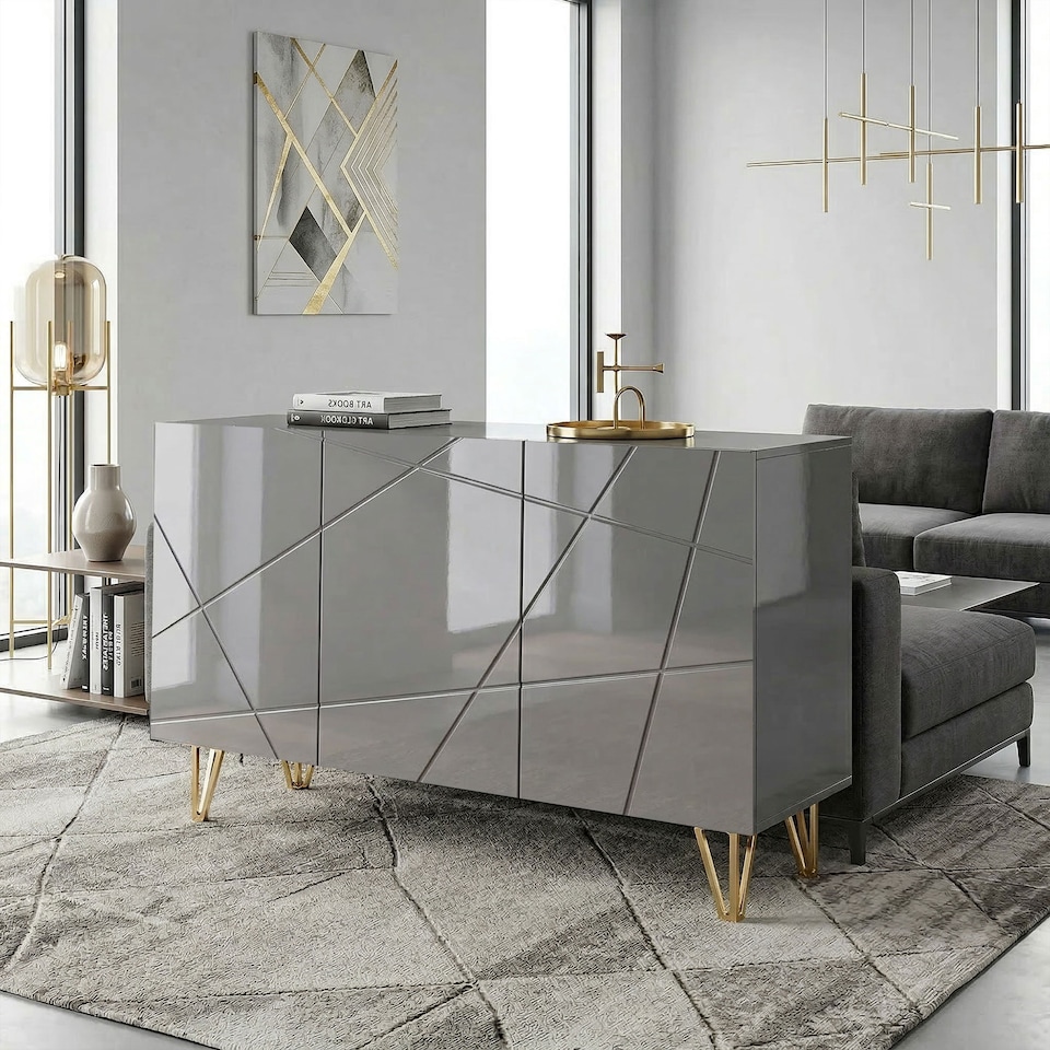 image 1 of HOMCOM Storage Cabinet, Sideboard with Adjustable Shelves, High Gloss Grey
