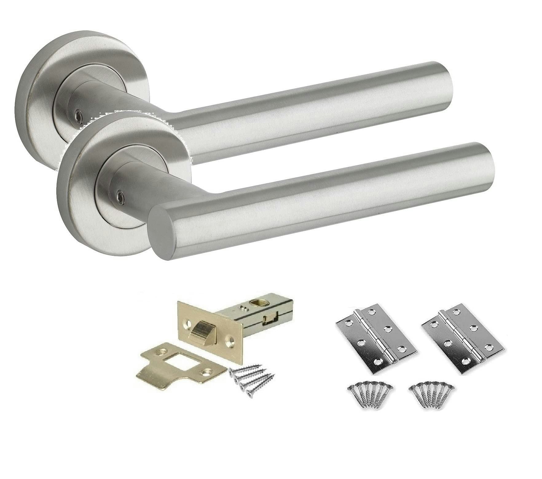 Golden Grace 1 Set Straight T-Bar Door Handle on Round Rose in Stainless Steel Satin Nickel Finish with Tubular Latch & Hinges Grey 1 Pair