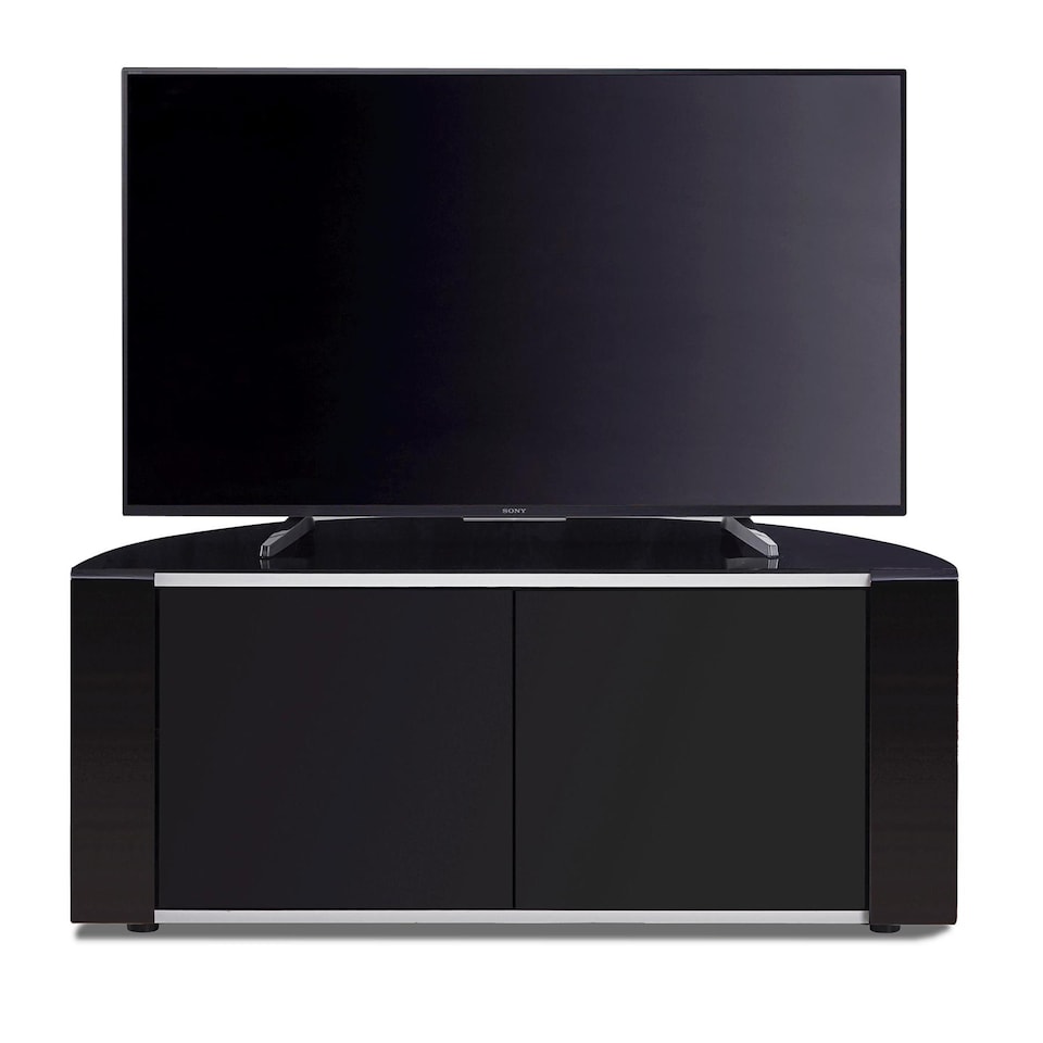 image 1 of MDA Designs Sirius 850 Remote Friendly Beam Thru Glass Door Gloss Piano Black with Black Front Profiles & Silver Trim up to 40" LCD/Plasma/LED Cabinet TV Stand | Multi | 1