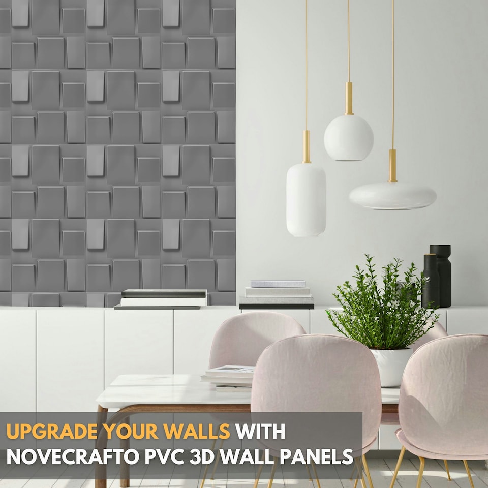 image 1 of NOVECRAFTO 3D Geometric Wall Panels – Matt White Squares Design – 6 PVC Sheets – 1.5m² (16.15sqft) – Interior Cladding Wall Tile Effect | White