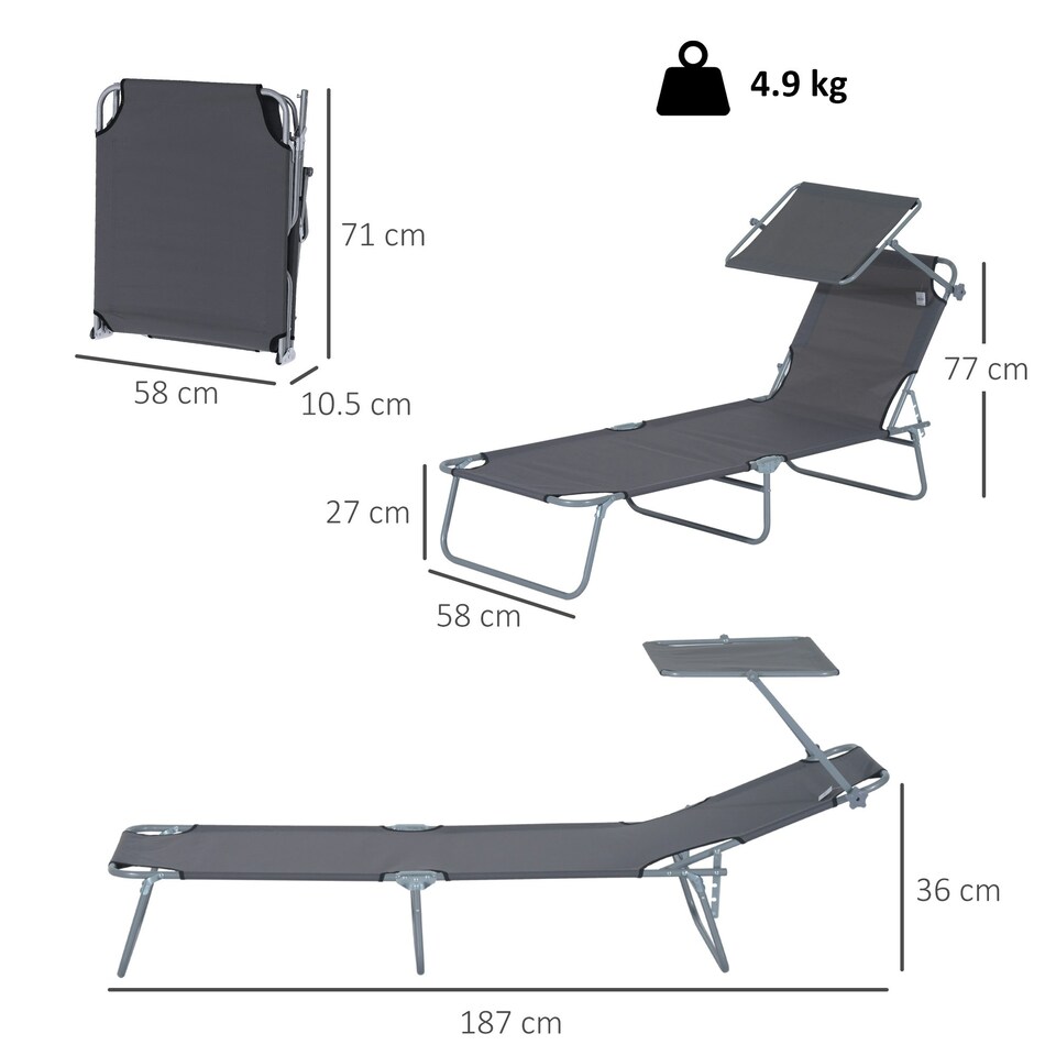 image 1 of Outsunny Folding Chair Sun Lounger Recliner Seat Sunshade Garden Outdoor Grey