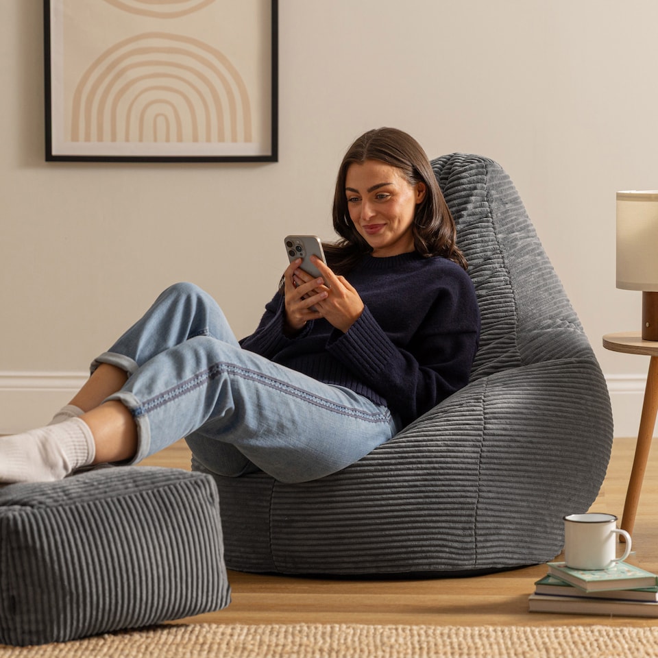 image 1 of Dalton Cord Adults Bean Bag Recliner and Pouffe, Ready Filled Beanbag and Footstool Grey | Grey | Charcoal Grey | 1