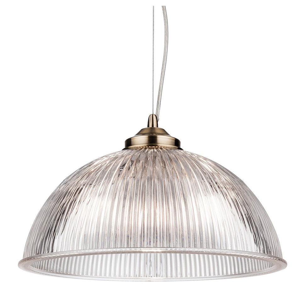 Ashford 1 Light Ceiling Pendant Antique Brass with Clear Ribbed Glass, E27