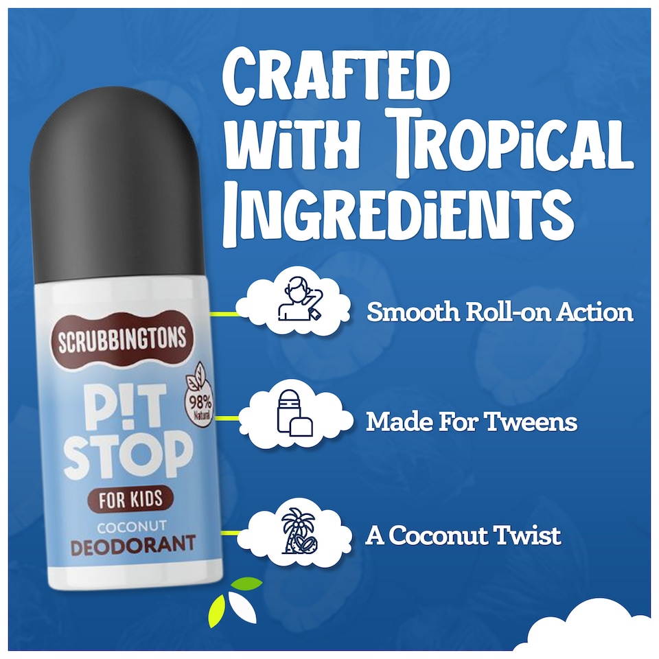 image 1 of Scrubbingtons Pit Stop Kids Deodorant Natural Roll On For Children, Teens. Natural Ingredients For Sensitive Skin Paediatrician approved, Aluminium & Alcohol Free, Coconut, 75ml | White | White | 1