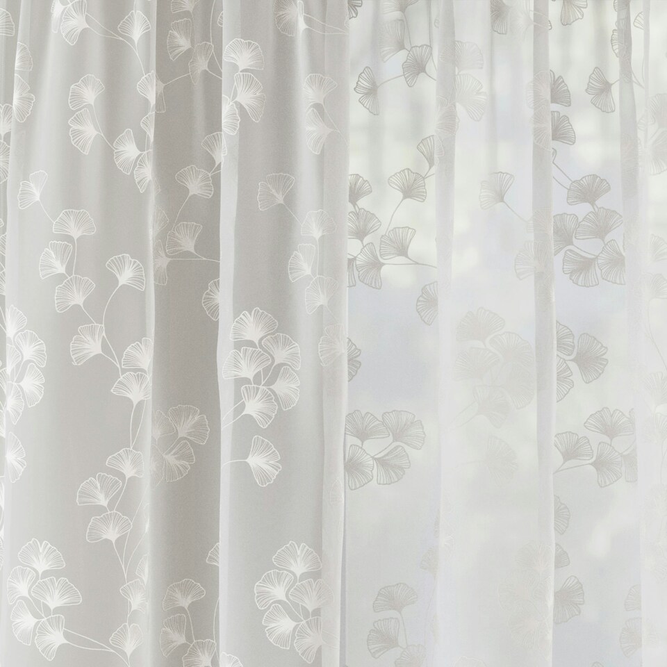 image 1 of Pair of Delila White Trail Leaf Print Voile Panels 122 cm (48 inch) Rod Pocket Panels for Bedroom and Living Room