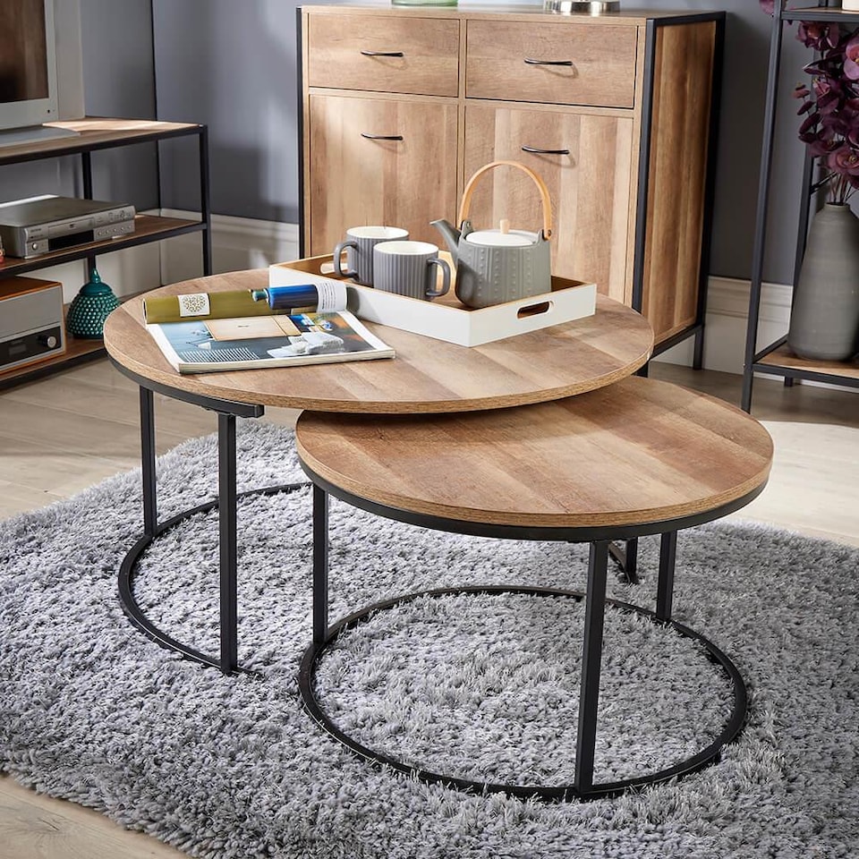 image 1 of Round Nest of 2 Coffee Tables Stackable Side Tables Unit Oak Effect Finish