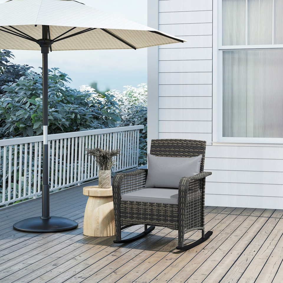 image 1 of Outsunny Rattan Garden Rocking Chair with Seat and Back Cushions Grey | Light Grey