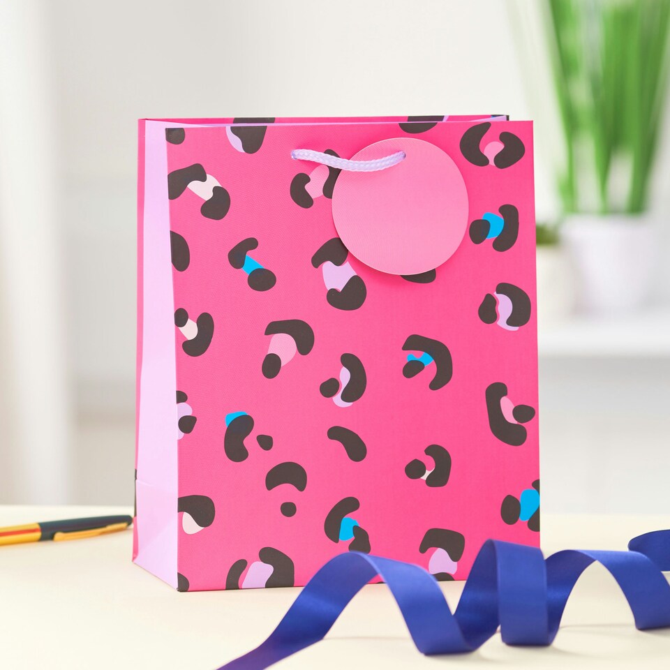 image 1 of Multipack of 3 Medium Gift Bags | Party Bags for Presents | Birthdays | For Her/Friend | Pink Animal Print Design