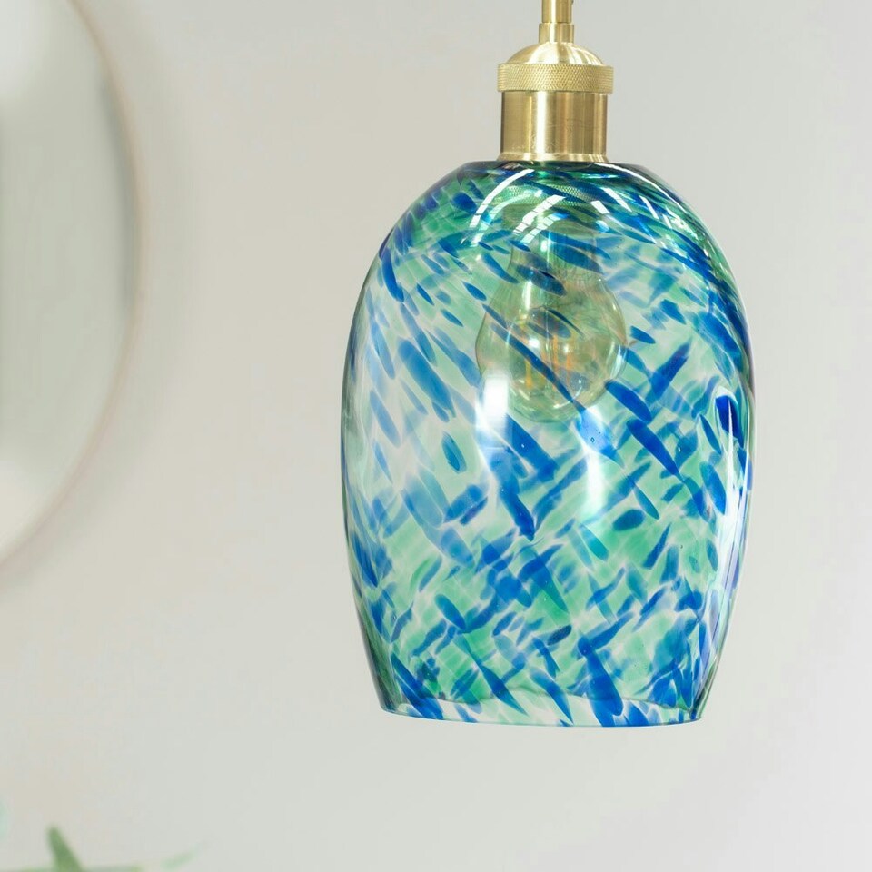 image 1 of ValueLights India Green Confetti Glass with Gold Fitting Easy Fit Lamp Shade with LED Bulb