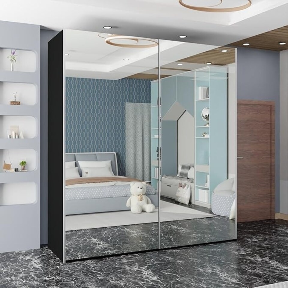 image 1 of Modern 200cm Sliding Mirrored Wardrobe with Drawers & Ample Storage | White, Black, Grey Black | Black200cm
