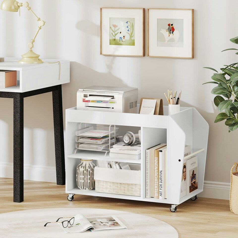 image 1 of COSTWAY Side End Table 3-Tier Bookshelf Rolling Nightstand White