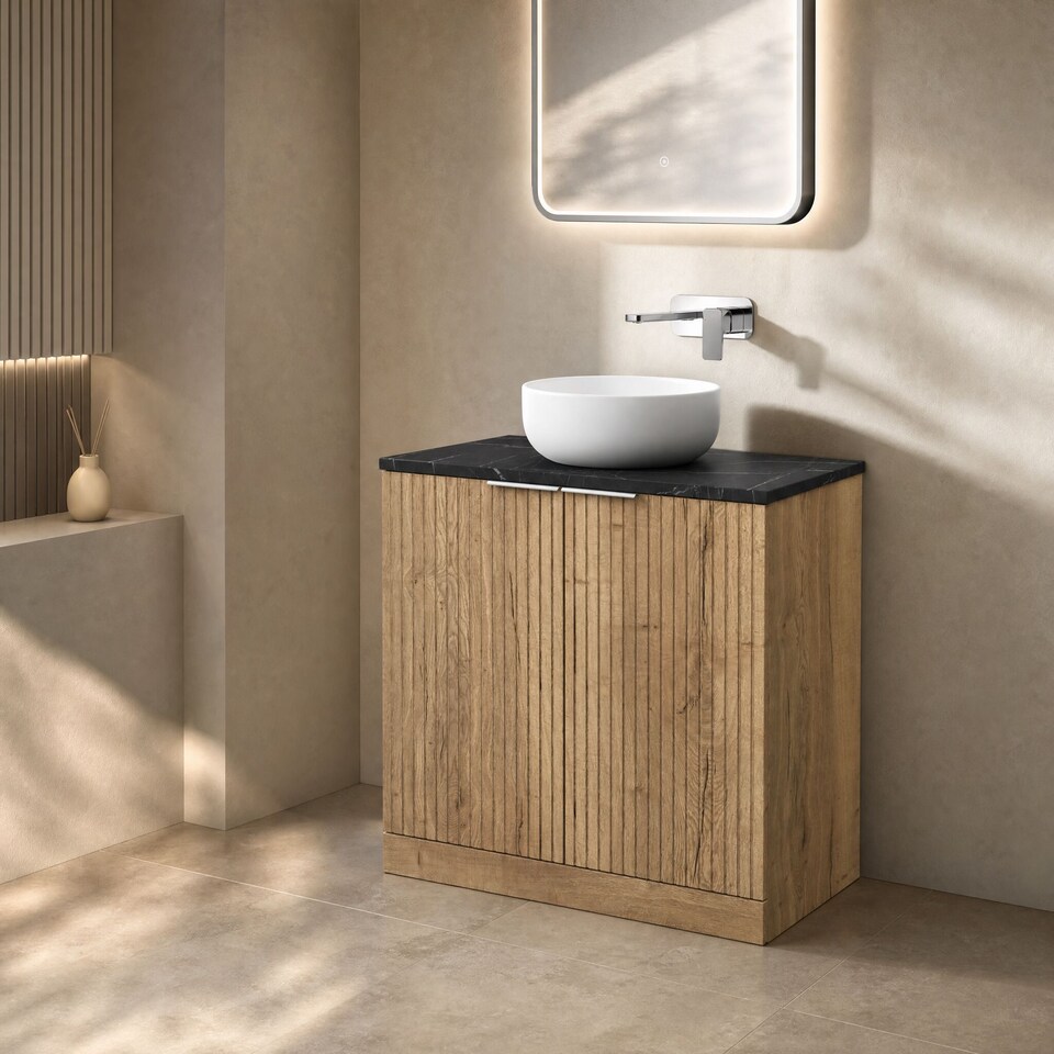 image 1 of Balterley Callingwood Contemporary Floor Standing 2 Door Vanity Unit with Black Pietra Marble Laminate Worktop , 800mm, Autumn Oak
