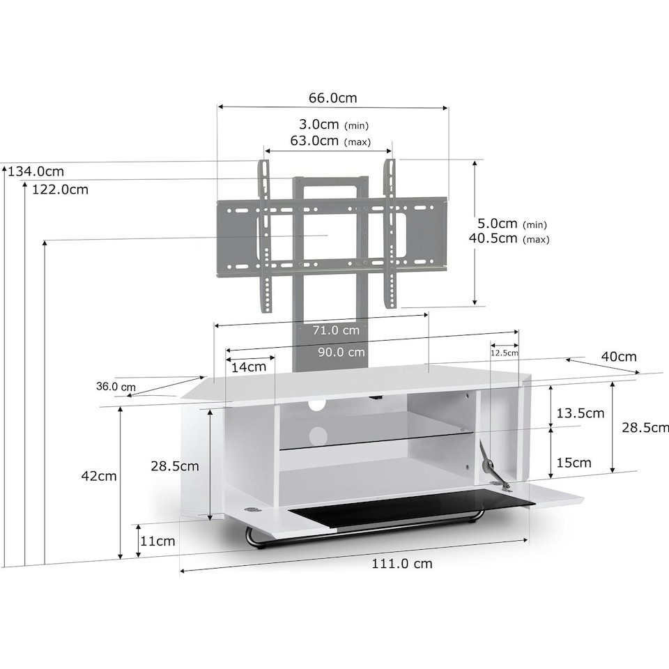 image 1 of Centurion Supports Hampshire Corner-Friendly Gloss White with Black Contrast Beam-Thru Remote Friendly Door 26"-50" Flat Screen TV Cabinet with Mounting Arm White