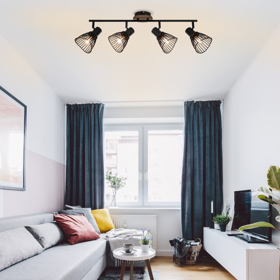 image 1 of COSYLYTE Hadley 4 Light Matt Black Wire Shade Spotlight with Wooden Backplate | Black | Walnut wood | 1