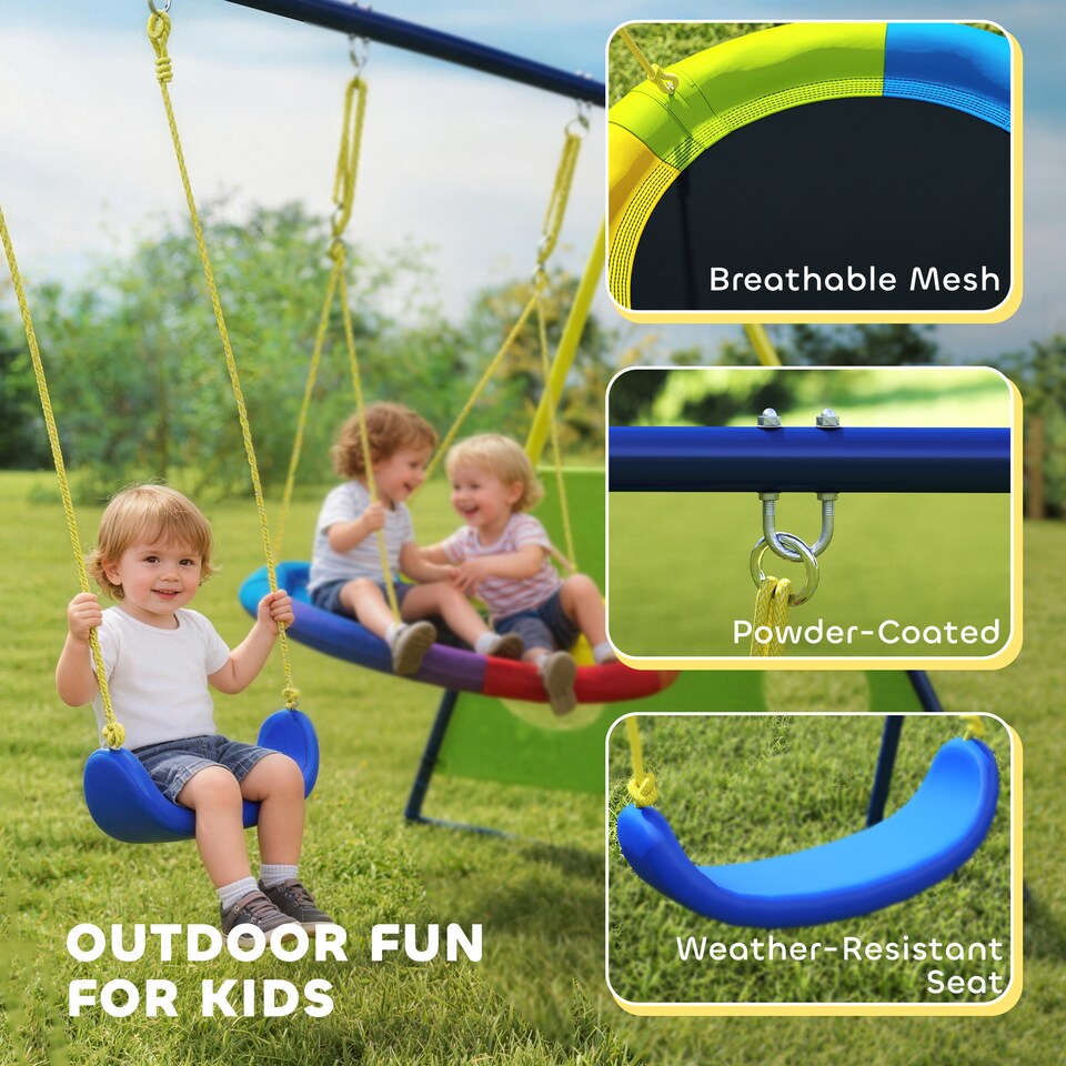 image 1 of AIYAPLAY 4-in-1 Kids Swing Set with Swing, Basketball Hoop, Football Goal
