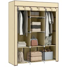 HOMCOM Fabric Portable Wardrobe with 8 Shelves 2 Hanging Rails, Beige 