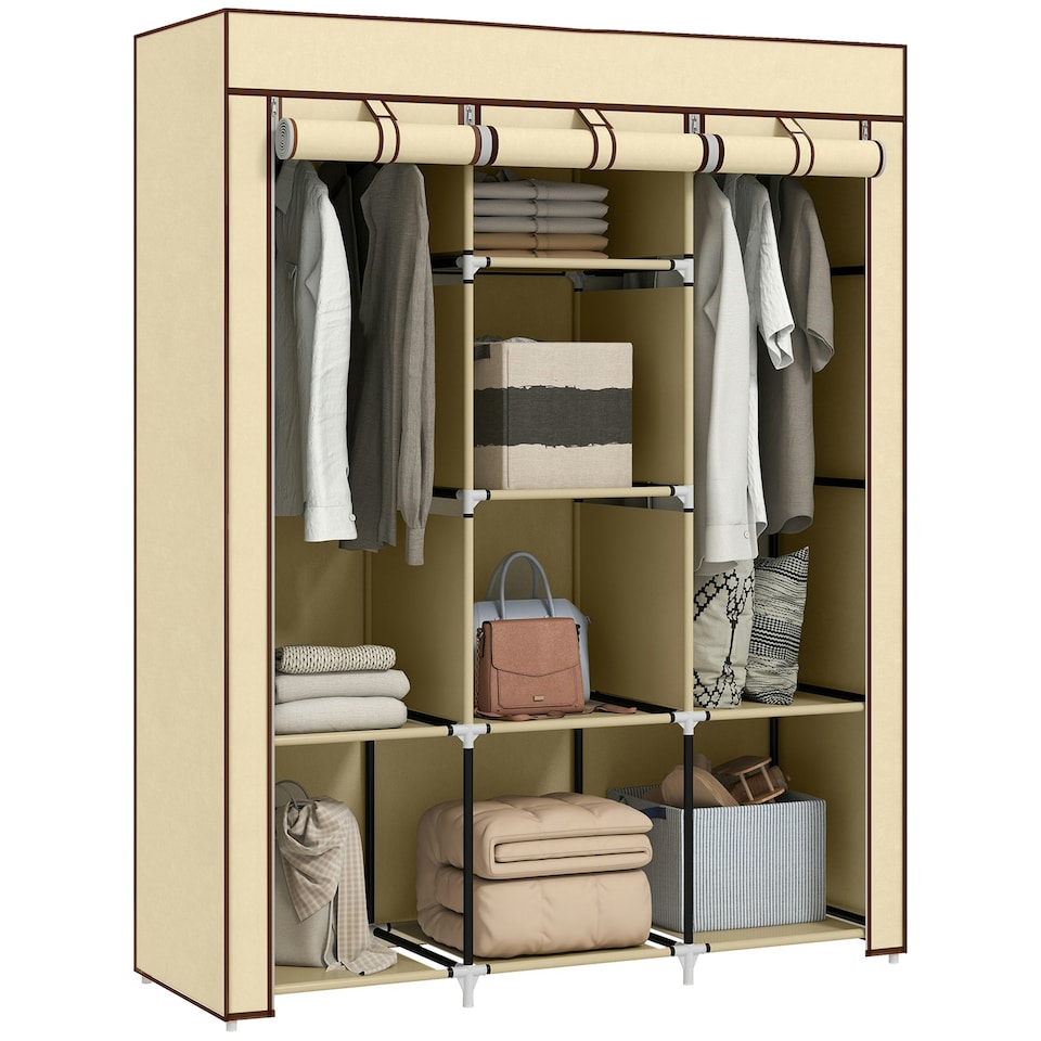 image 1 of HOMCOM Fabric Portable Wardrobe with 8 Shelves 2 Hanging Rails, Beige
