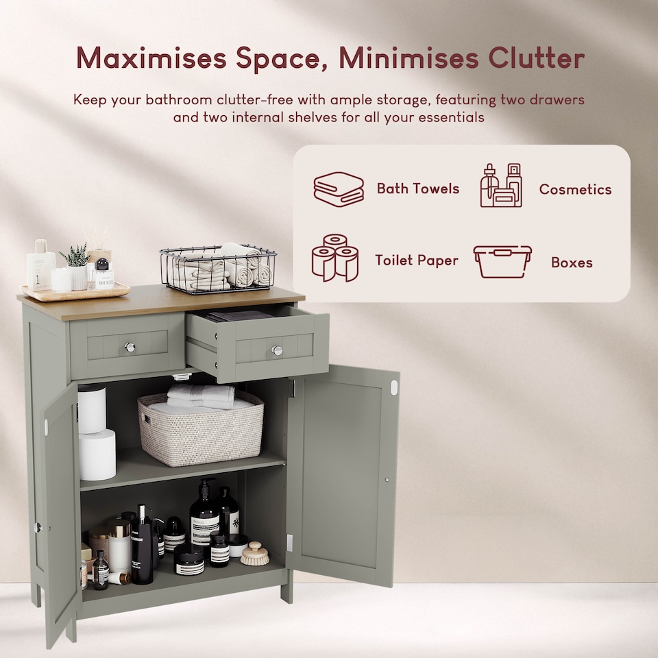 image 1 of Bath Vida Priano 2 Drawer 2 Door Freestanding Bathroom Cabinet, Grey & Oak