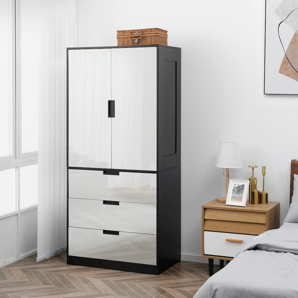 image 1 of HOMCOM Modern Wardrobe White Wardrobe with 3 Drawer and Hanging Rod White | Black