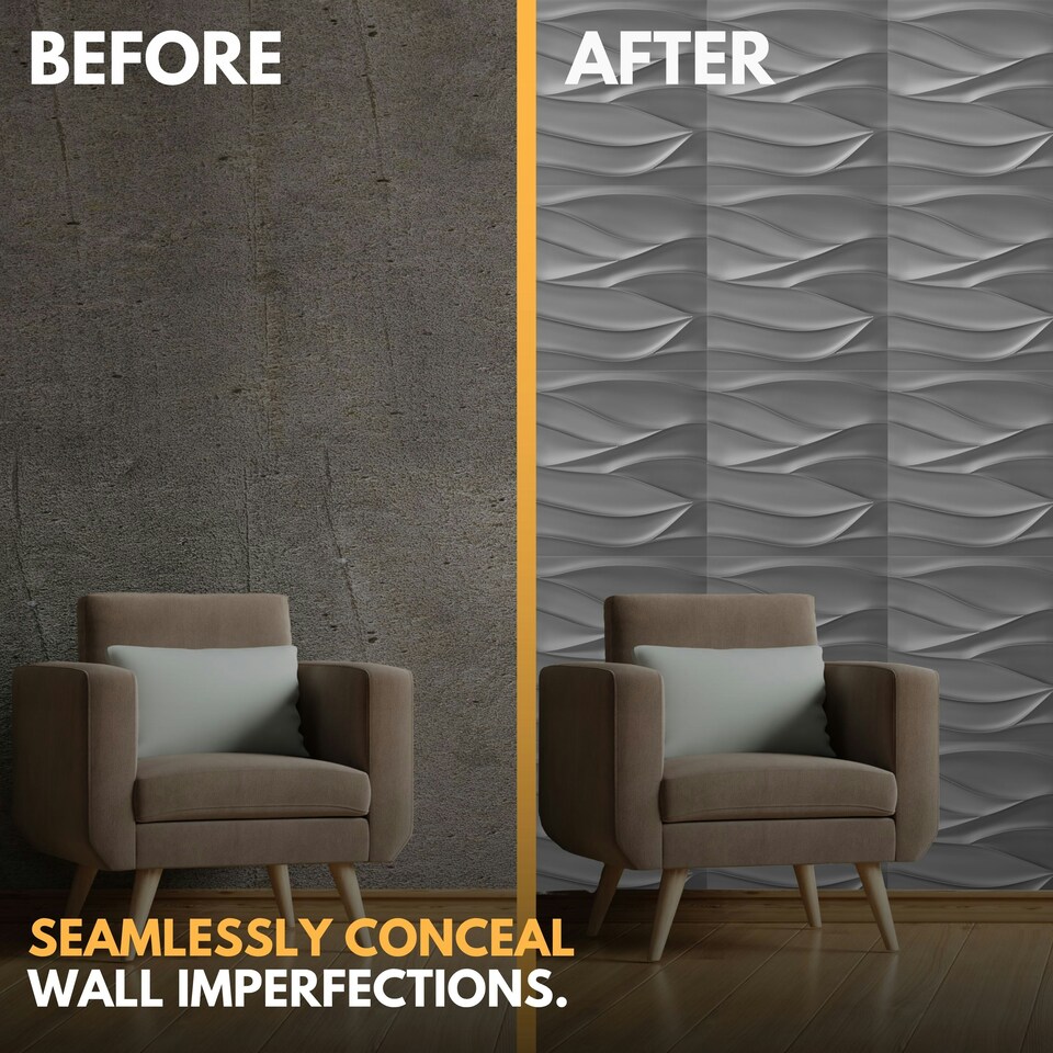 image 1 of NOVECRAFTO Wavy Wave 3D Wall Panels – 6 Sheets Covering 1.5m² | 16.15ft² Interior Cladding Set | Wavy Design Tiles – Each Panel 50x50cm Silver Grey