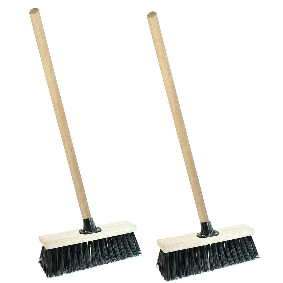 image 1 of 2 x 13" Strong Black Wooden Handle PVC Bristle Sweeping Broom Great For Outdoor Areas