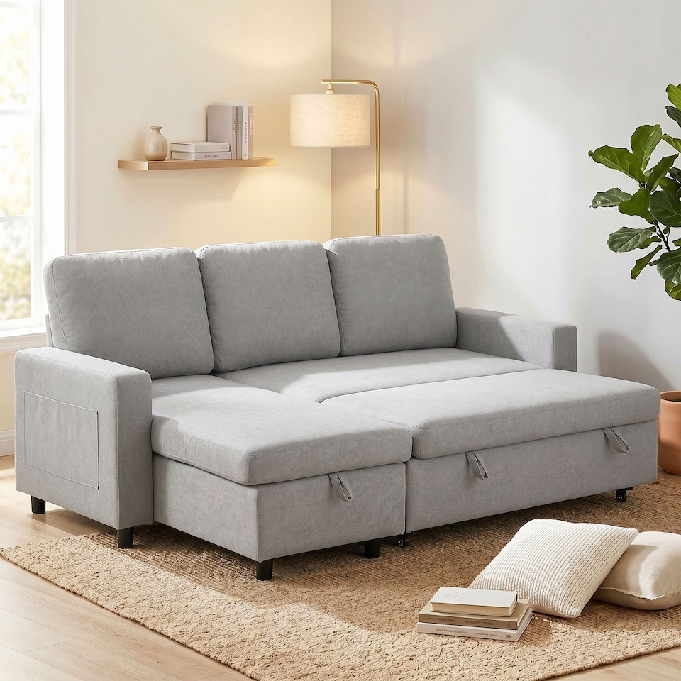 image 1 of HOMCOM Pull Out Sofa Bed L Shape Corner Sofa w/ Reversible Chaise Light Grey