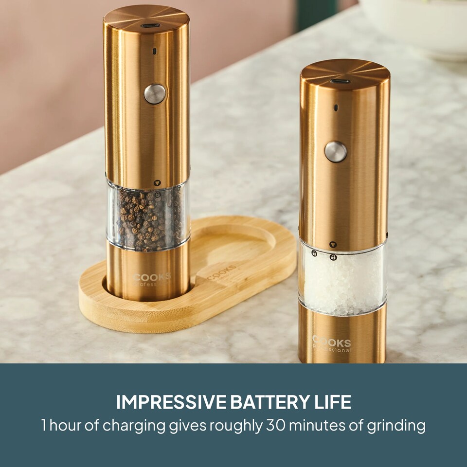 image 1 of Cooks Professional Rechargeable Salt and Pepper Mill Set with Bamboo Base