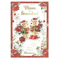 To a Special Mam and Grandad Lovely Teddies With Flowers and Gifts Design Christmas Card