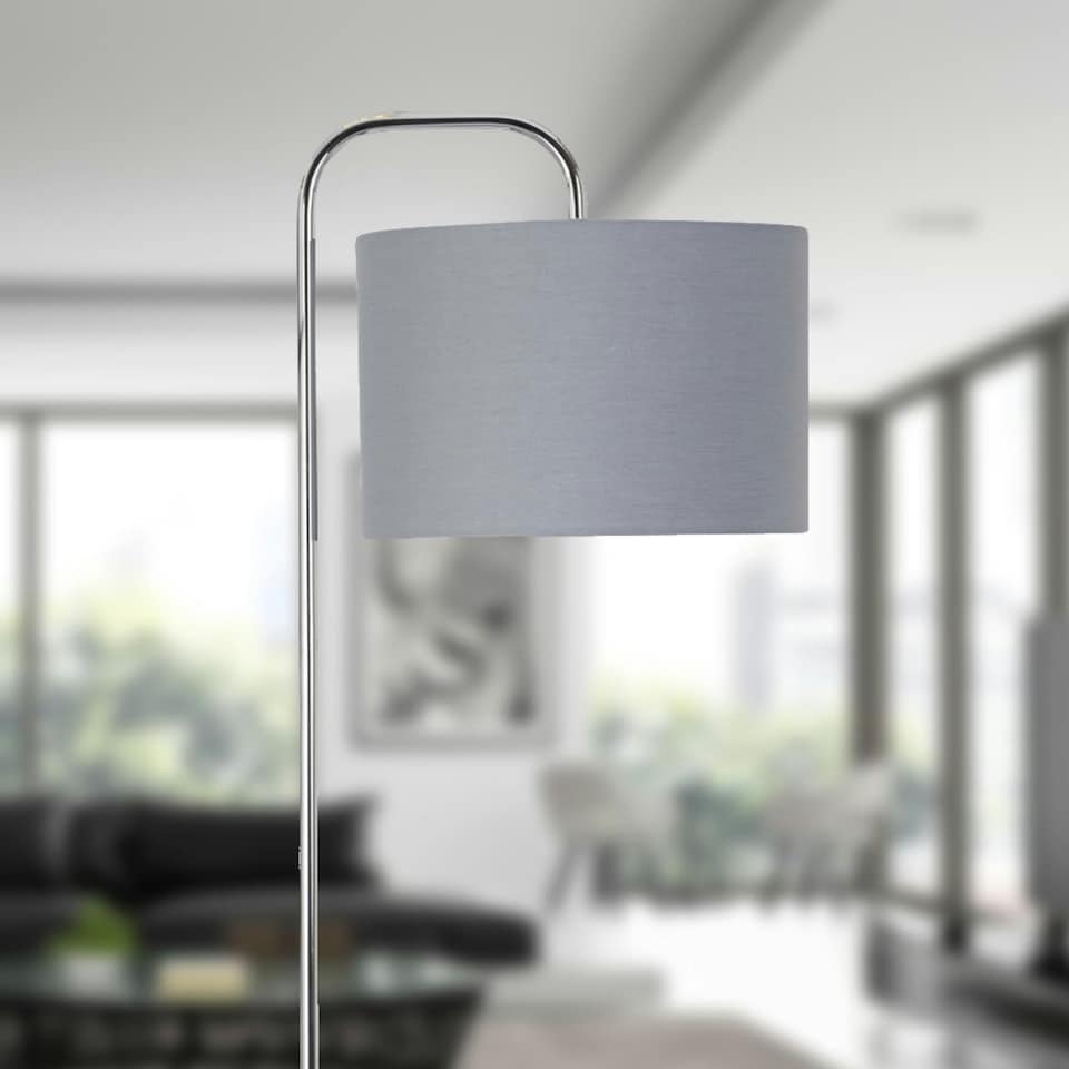 image 1 of First Choice Lighting Set of 2 Chrome Arched Floor Lamps with Grey Cotton Shades Chrome | Grey