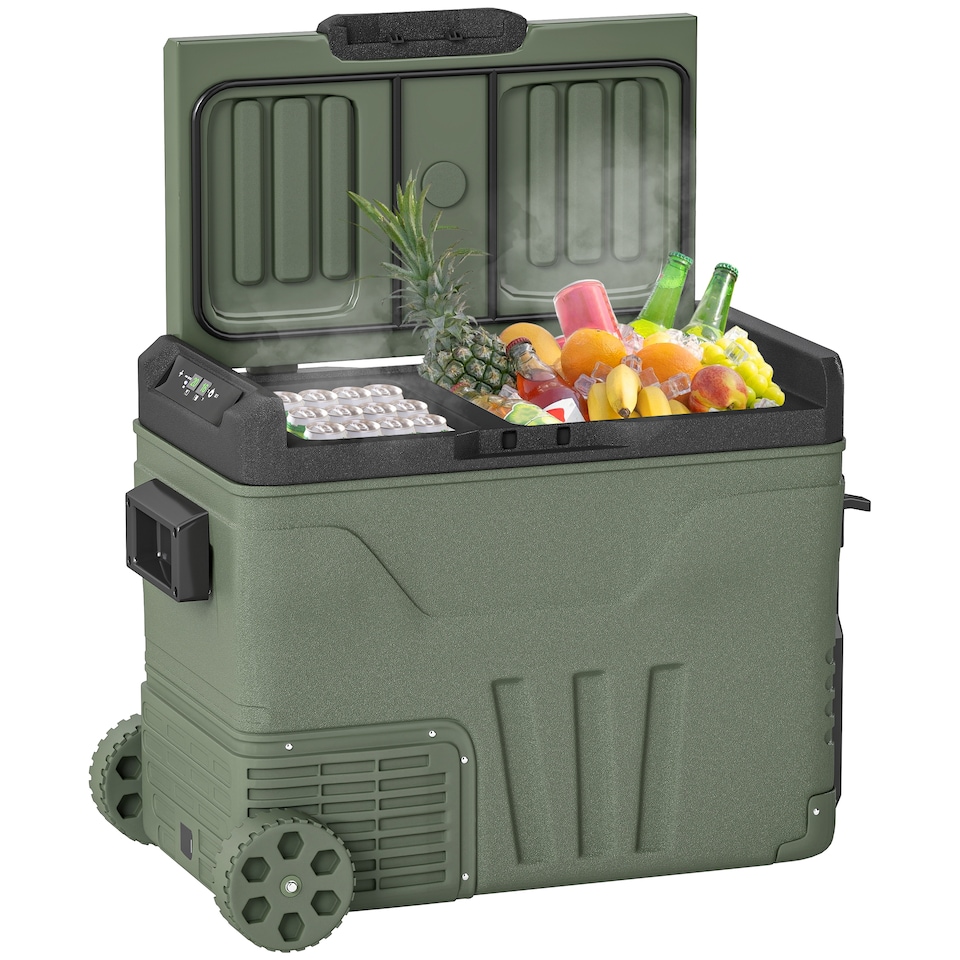 image 1 of Outsunny 45L Camping Fridge Freezer Dual Zone, Portable Car Fridge 12V/24V DC & 100-240V AC, Electric Cool Box -20℃-20℃ with Wheels and LED Light, for Travel, RV, Road Trip, Picnic (Energy Class E)
