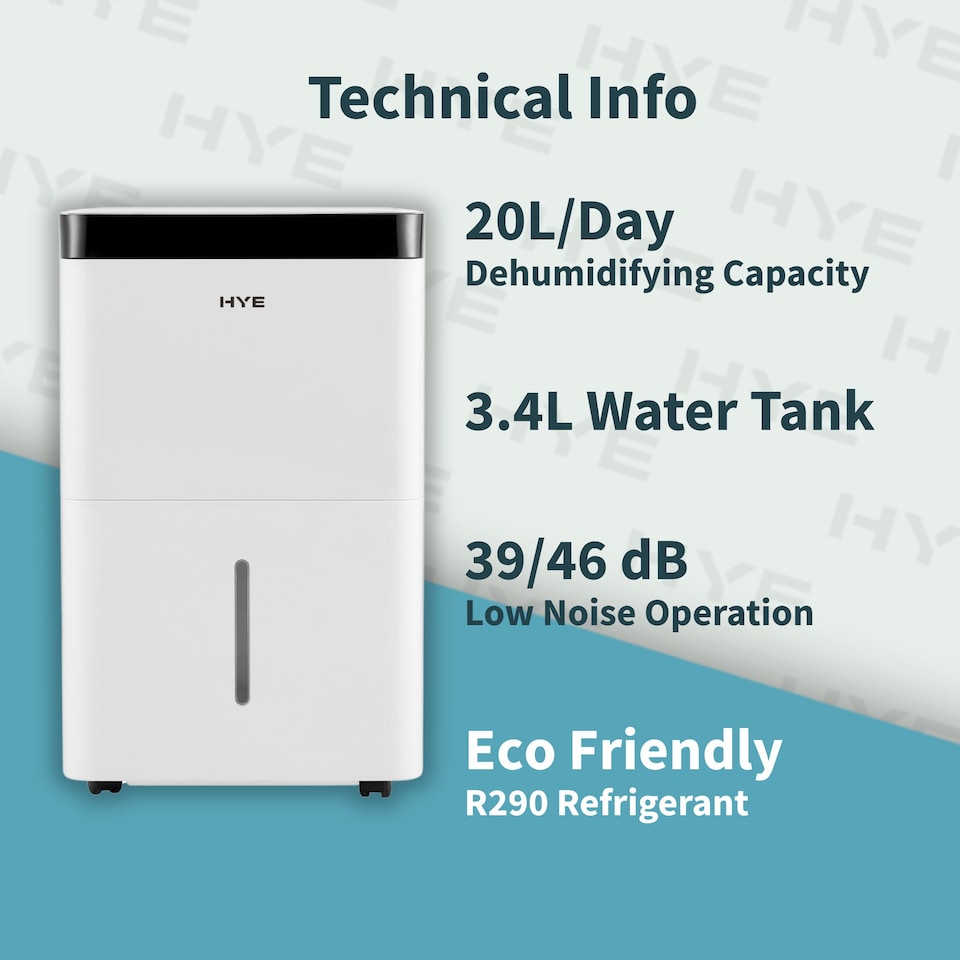 image 1 of HYE 3.4L Portable Dehumidifier with 5 Modes, 20L/Day, 24hr Timer - White SA01DH20L02