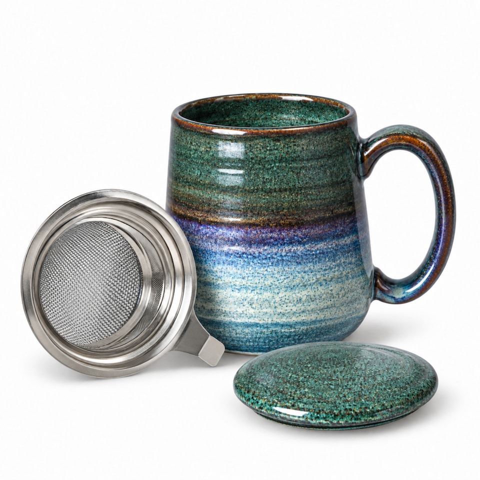 image 1 of Skandi Home 600ml Ocean Teal Reactive Glaze Ceramic Aska Infuser Mug with Lid