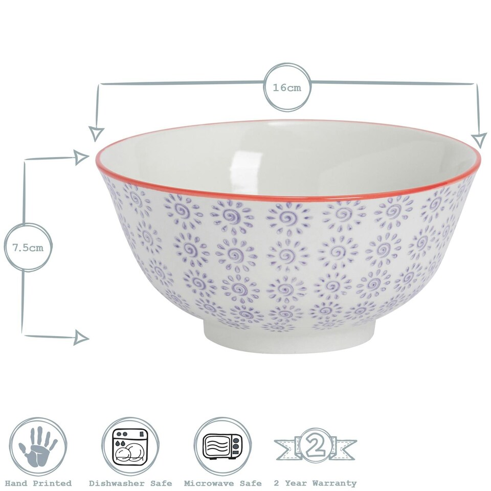 image 1 of Nicola Spring Hand-Printed Cereal Bowls - 16cm - Purple - Pack of 6 Multi