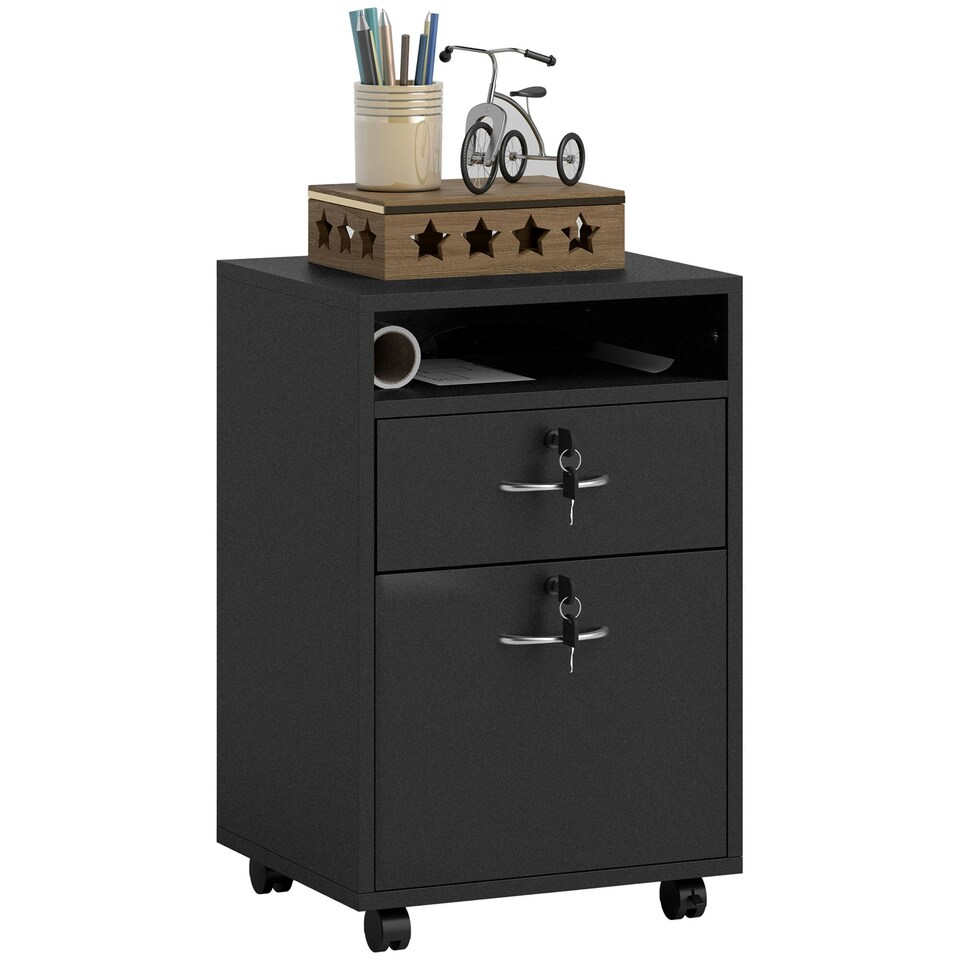 image 1 of HOMCOM 60cm Filing Cabinet with Drawers and Open Shelf, Black