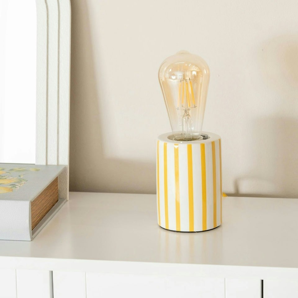 image 1 of ValueLights Small Ceramic Bedside Table Lamp White & Yellow Candy Stripe