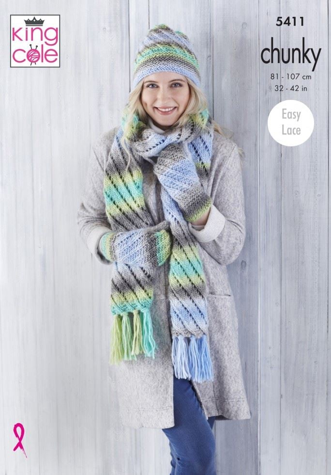King Cole Riot Chunky Knitting Pattern 5411, Sweaters, Headwear, Scarves and Gloves for Women - 32 - 42 Inches