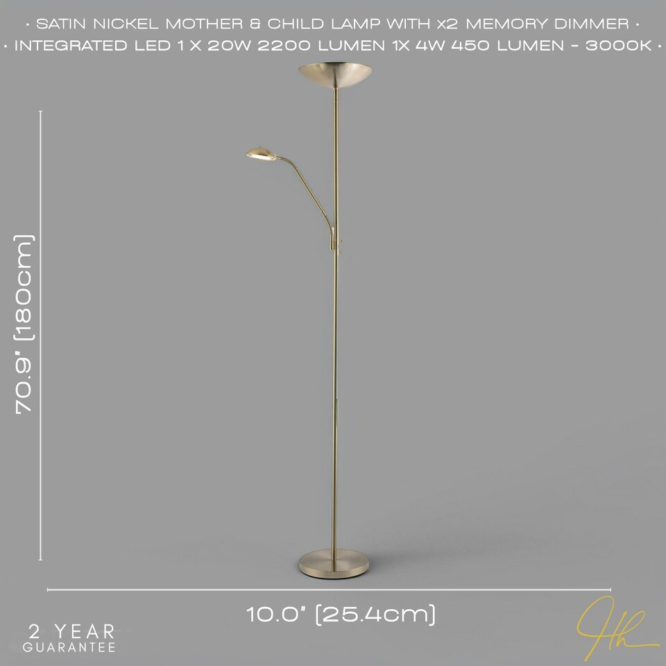 image 1 of Sleek LED Mother and Child Floor Lamp in Satin Nickel with Memory Dimmer Buttons