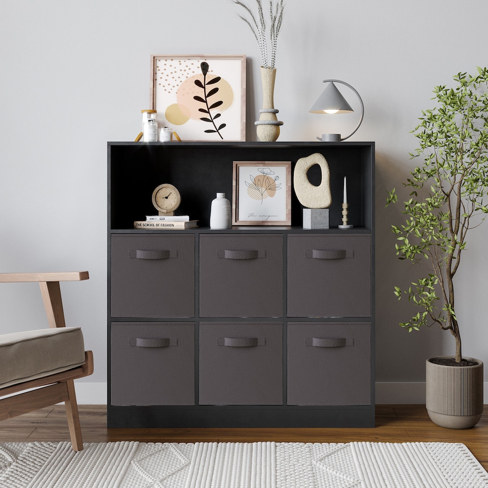 image 1 of Wide 7-Cube Bookcase With Drawers | Black | Black & Black | 1