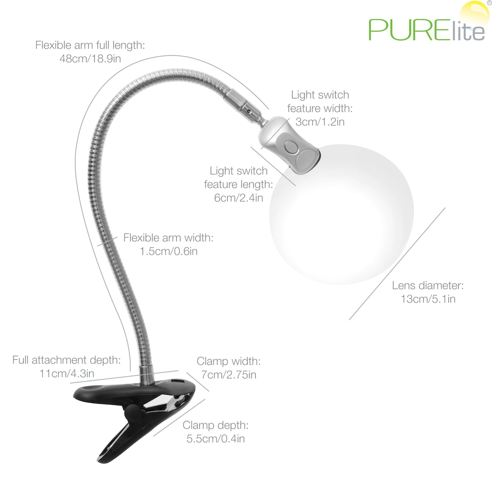 image 1 of PURElite Clip-on Magnifying Light - Battery Powered Table & Desk Lamp with LED Bulbs, Flexible for Reading, Needlework & Sewing | Silver