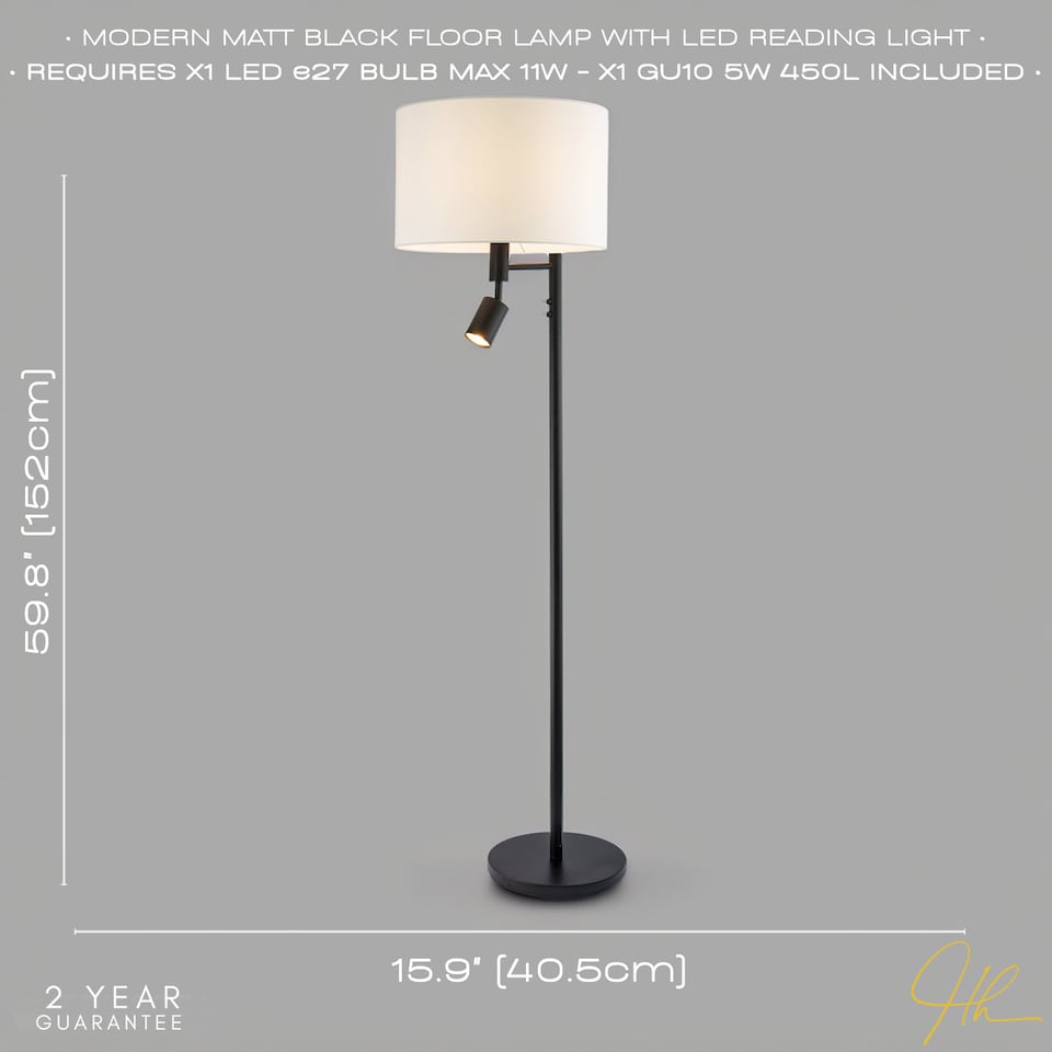 image 1 of Modern Black Floor Light with LED Adjustable Spot Lamp and White Cotton Shade | Black