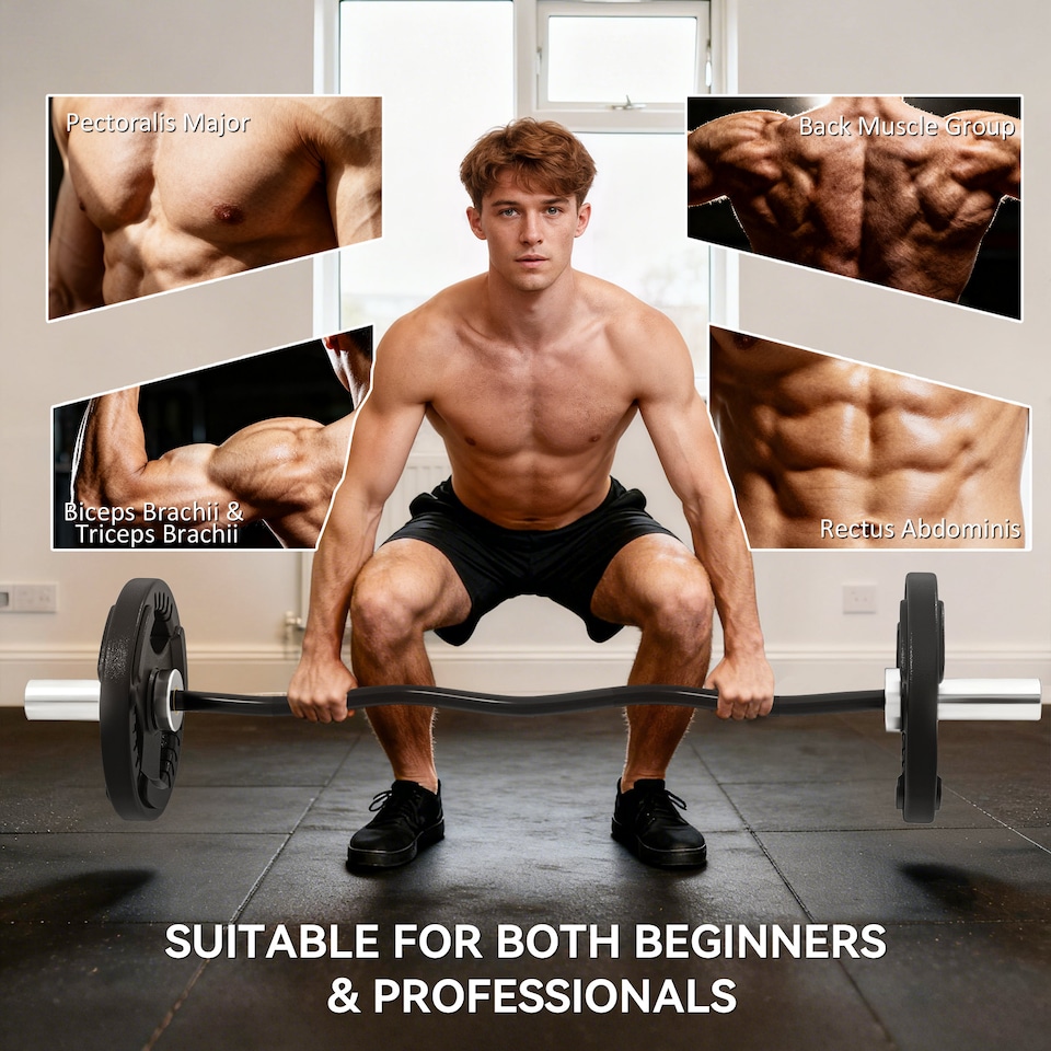 image 1 of SPORTNOW 4ft Olympic EZ Curl Bar, Barbell Bar for Weight Plates with Non-Slip Hand Grip, for Weight Lifting, Hip Thrusts, Squat, Biceps, Home Gym