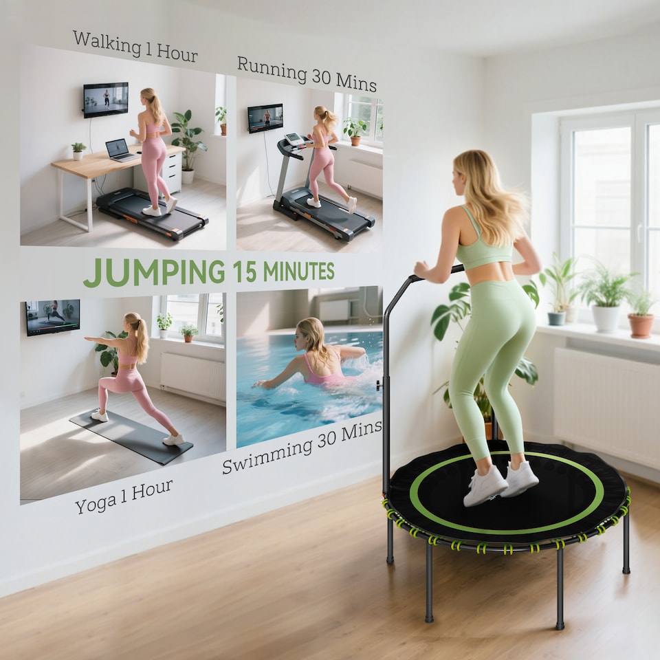 image 1 of SPORTNOW 40'' Foldable Fitness Trampoline, Mini Trampoline Bungee Rebounder with 5-Level Adjustable Handle for Adults Indoor Outdoor Exercise, Green | Green