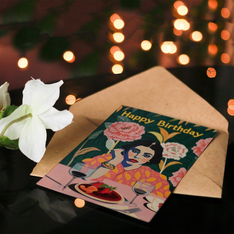 image 1 of Serious Girl Dinner Party Drinks Floral Her Birthday Card