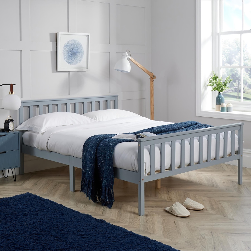 image 1 of Small Double Grey Wooden Bed 4ft Solid Pine Furniture High End Slatted Base Home