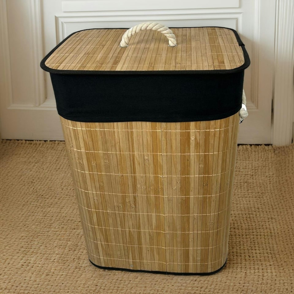 image 1 of Bamboo Laundry Basket with Lid Liner 72L Folding Washing Clothes Bin Hamper Bag Brown