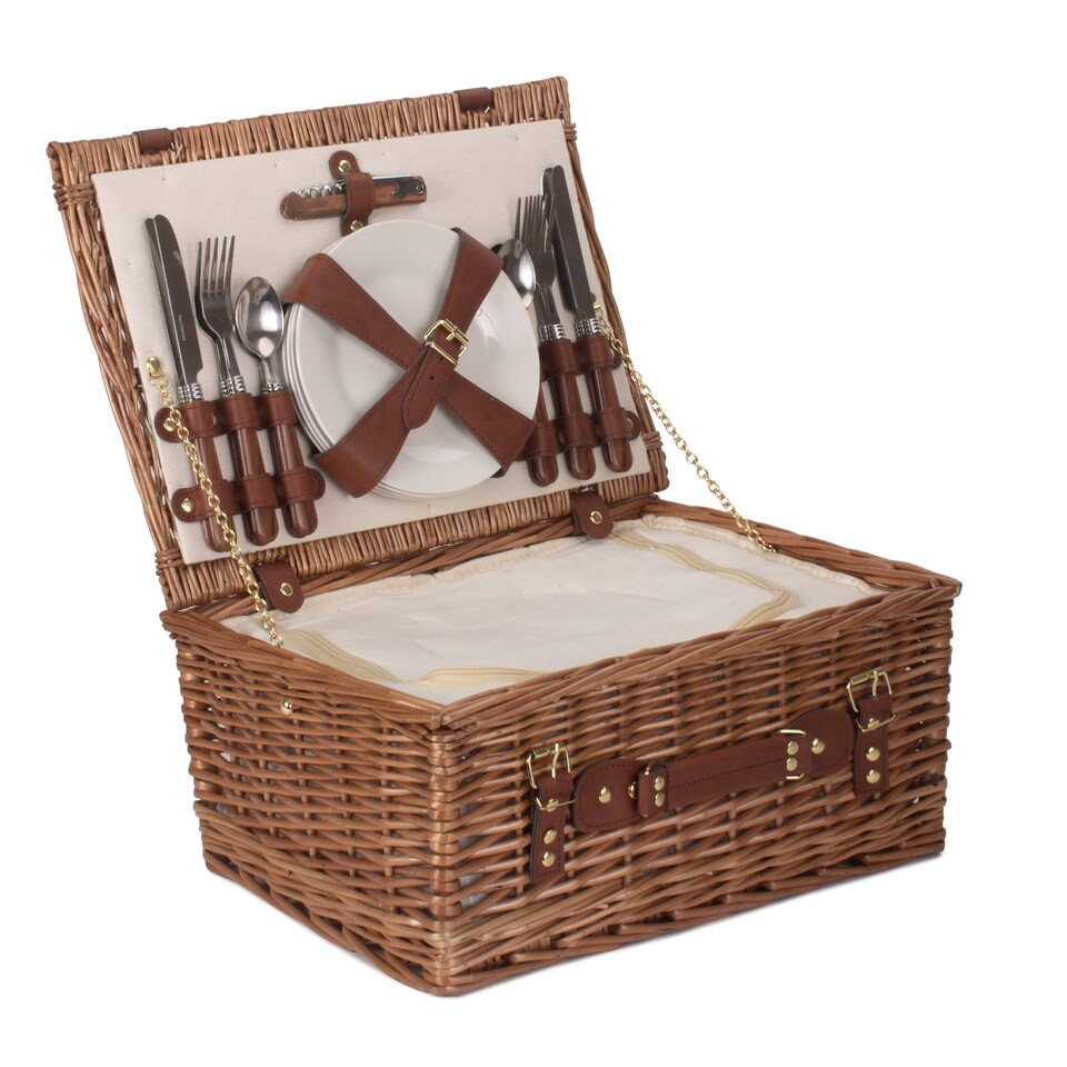 image 1 of 4 Person Classic Wicker Fitted Picnic Basket | White | White | 1